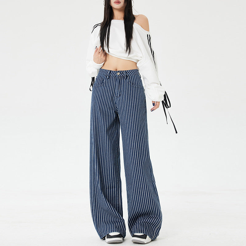 Vintage dark blue striped wide-leg jeans loose casual straight mopping pants trousers & extended