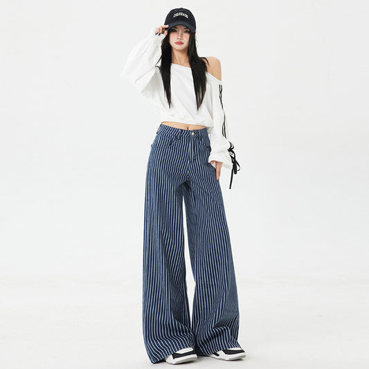 Vintage dark blue striped wide-leg jeans loose casual straight mopping pants trousers & extended