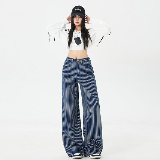 Vintage dark blue striped wide-leg jeans loose casual straight mopping pants trousers & extended